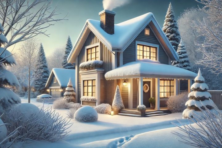 A cosy winter scene of a suburban house covered in snow during a calm winter day