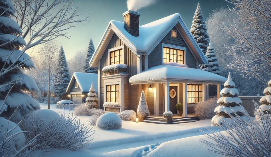 A cosy winter scene of a suburban house covered in snow during a calm winter day