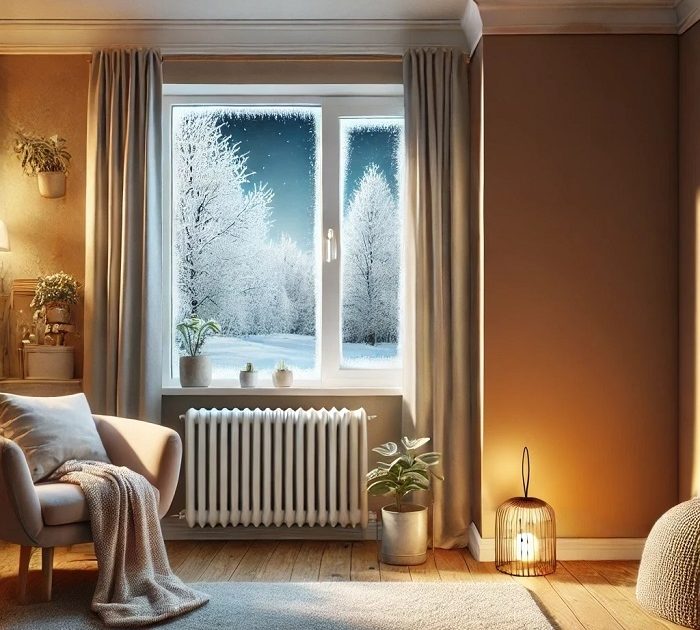 A cozy indoor scene with a warm winter theme