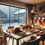 A cozy modern Christmas-themed dining room with a roast dinner set on the table