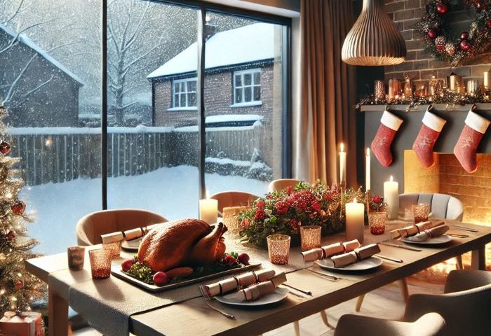 A cozy modern Christmas-themed dining room with a roast dinner set on the table