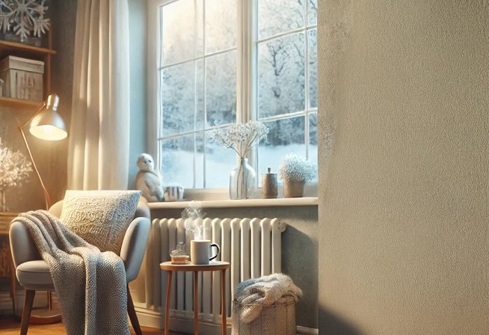 A winter-themed indoor scene showing a warm and cosy living space