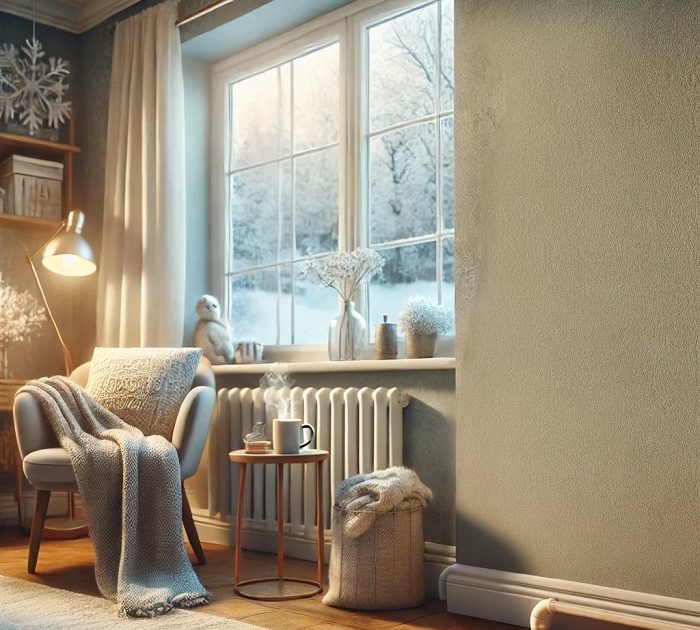 A winter-themed indoor scene showing a warm and cosy living space