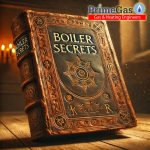 An ancient, leather-bound book titled 'Boiler Secrets' resting on a wooden table. The book is thick, covered in gold detailing and mysterious symbols