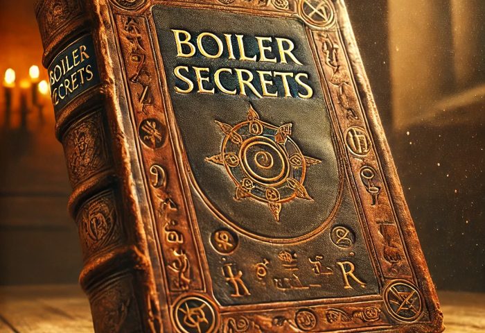 An ancient, leather-bound book titled 'Boiler Secrets' resting on a wooden table. The book is thick, covered in gold detailing and mysterious symbols