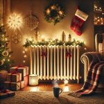 Christmas-themed living room in the evening with a beautifully decorated radiator as the centerpiece