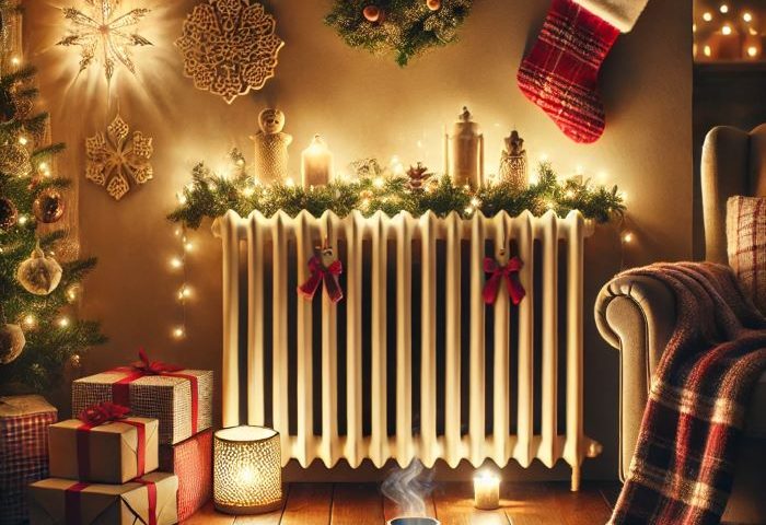 Christmas-themed living room in the evening with a beautifully decorated radiator as the centerpiece