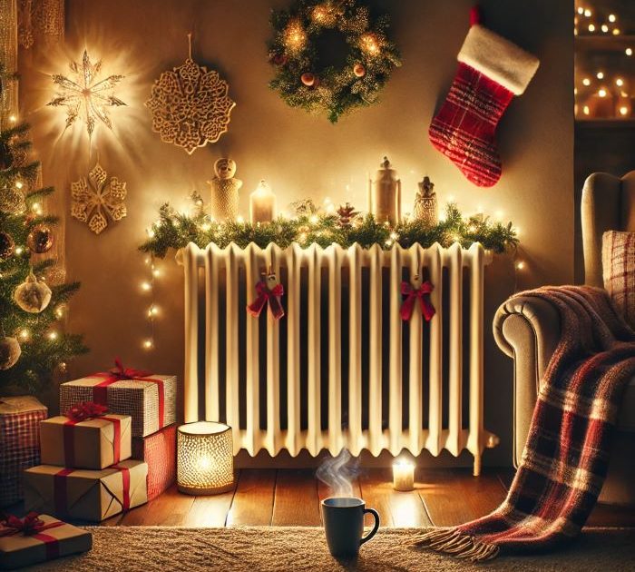 Christmas-themed living room in the evening with a beautifully decorated radiator as the centerpiece