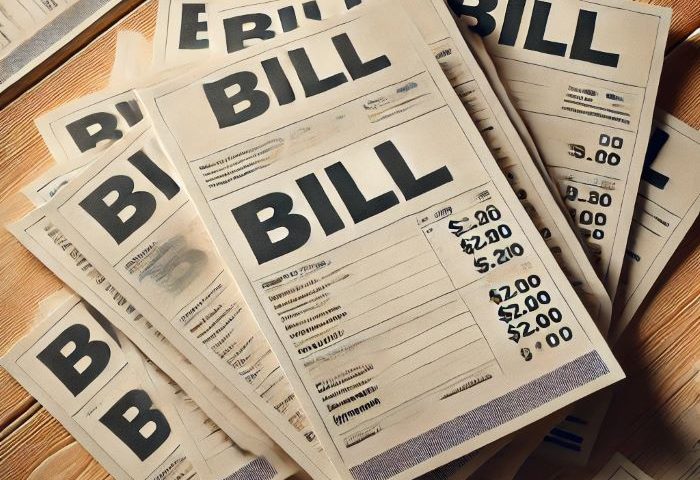 Pile of household bills placed on a wooden table