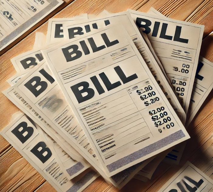 Pile of household bills placed on a wooden table